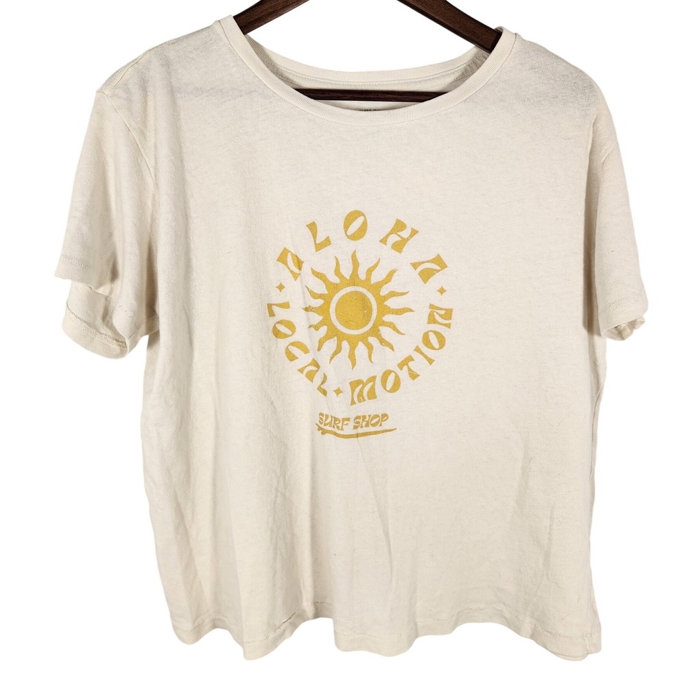 Local Motion Surf Shop Ivory Cream Cotton Slub T-Shirt‎ Sun Design Size Large